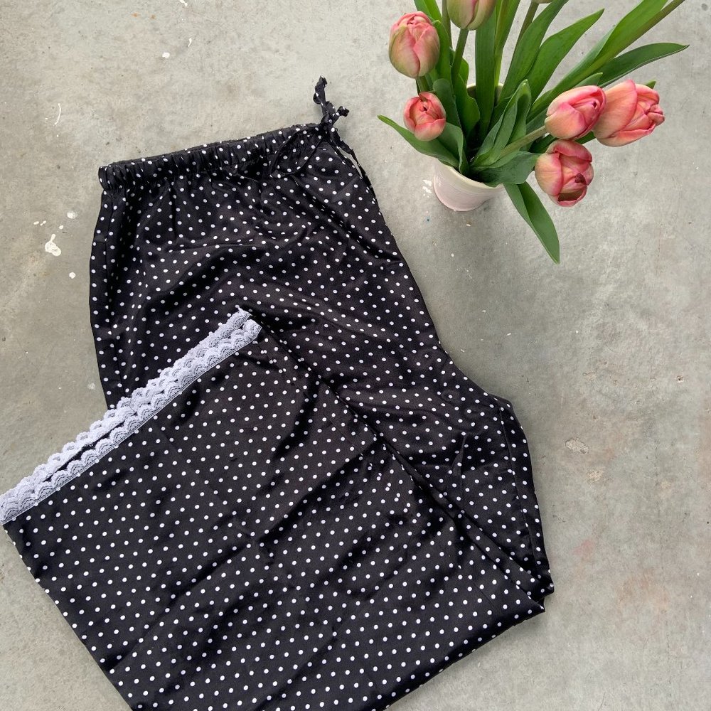 Black and White Silky Satin Polka Dot Lounge Pants Pajama Bottom lace detail
